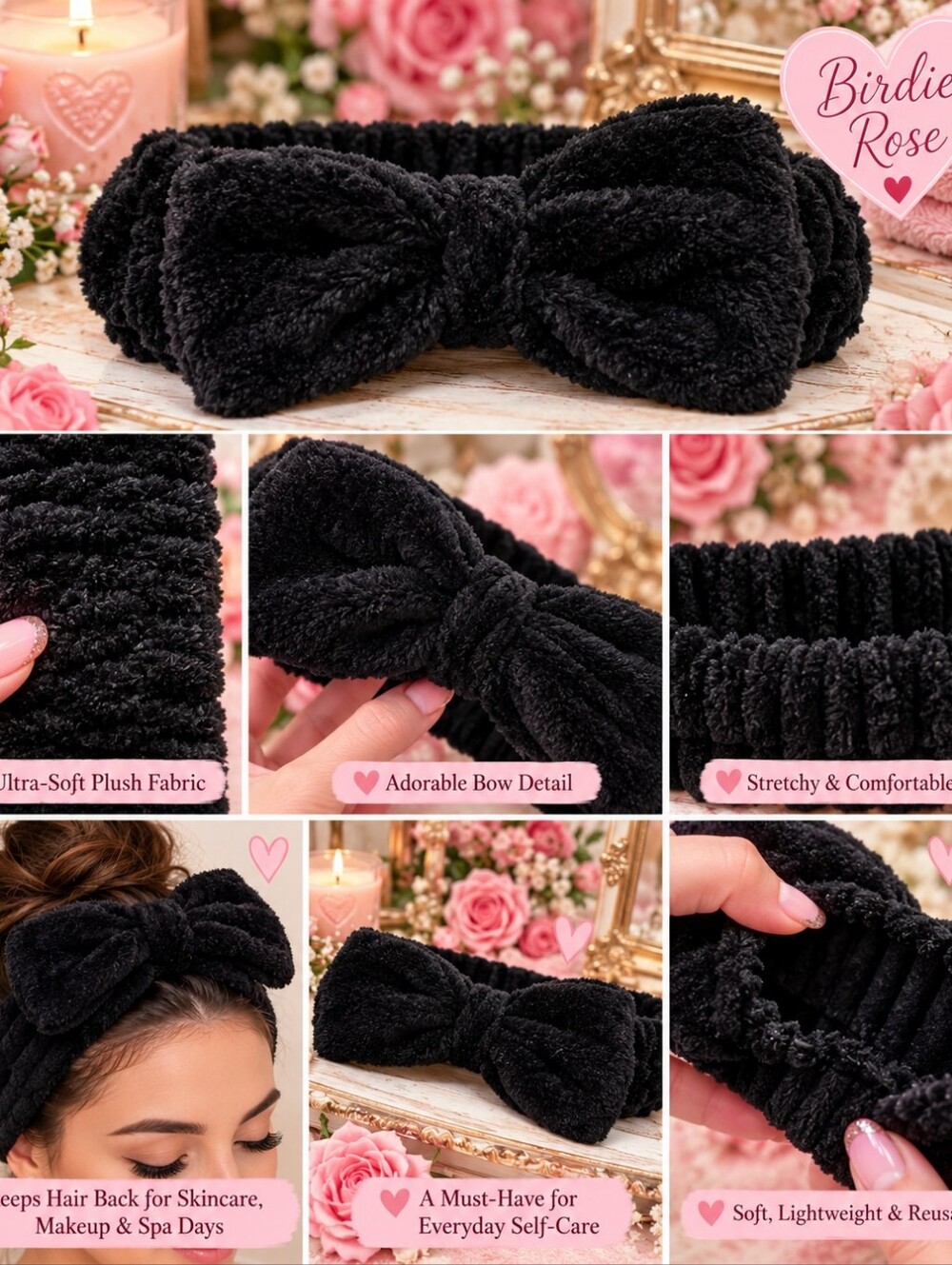 Black Plush Bow Spa Headband | Soft Stretchy Makeup & Skincare Band